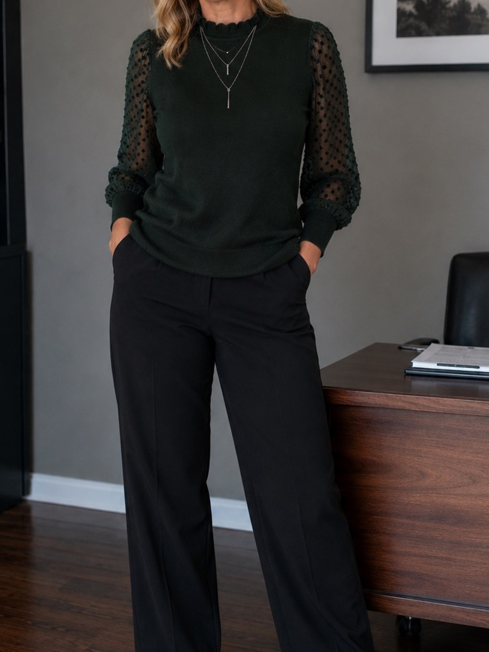 Adrianna Papell Dark Green Sheer Dot Sleeve Ruffled Neck Sweater Blouse